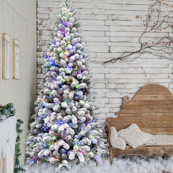 Fraser Hill Farm 9Ft. Flocked Alaskan Pine Christmas Tree with MultiColor LED String Lighting