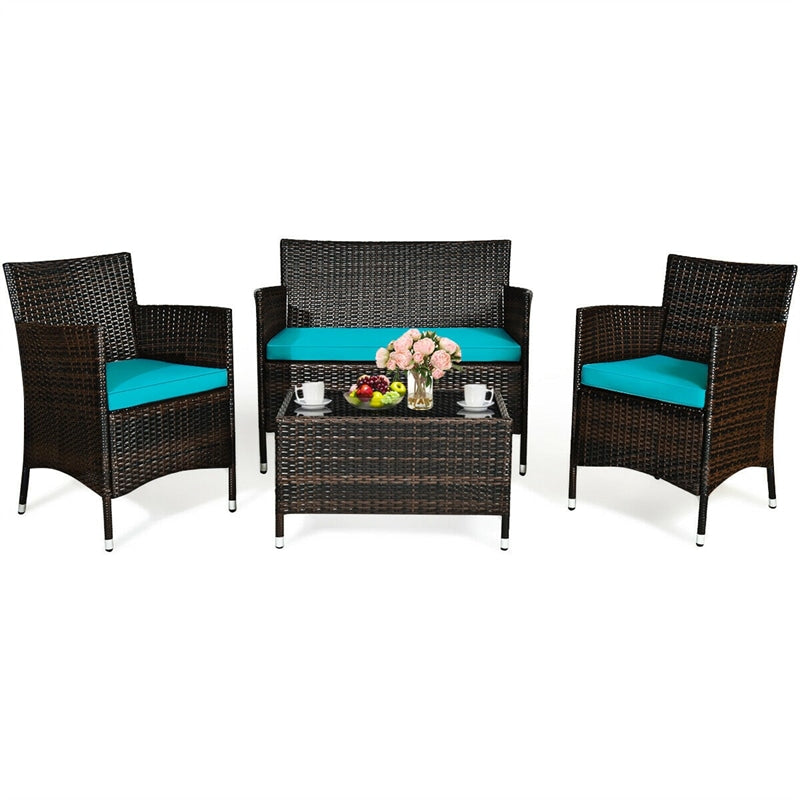 4 Pcs Rattan Wicker Patio Conversation Sets with Loveseat, Single Sofas, Coffe Table, Outdoor Bistro Set