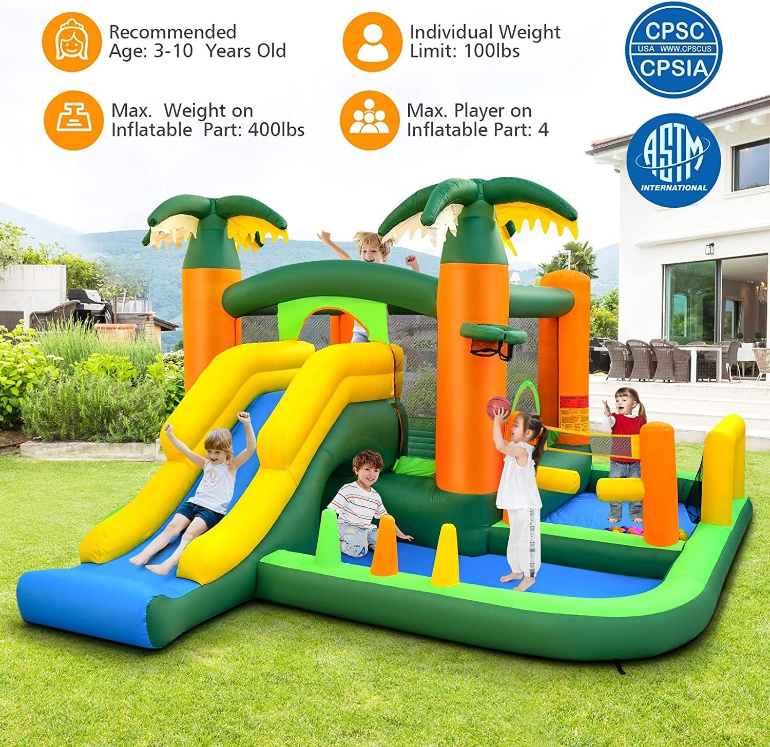 BOUNTECH Inflatable Bounce House, Big Bouncy House for Toddler Kids 5-12 Indoor Outdoor Party Fun w/Slide, Football/Volleyball