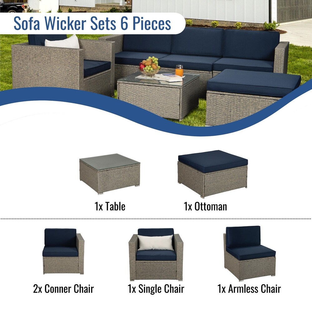 6 piece Patio Furniture Sets Outdoor Sectional Sofa Rattan Chair Wicker Conversation Set with Glass Coffee Table 1 Pillows