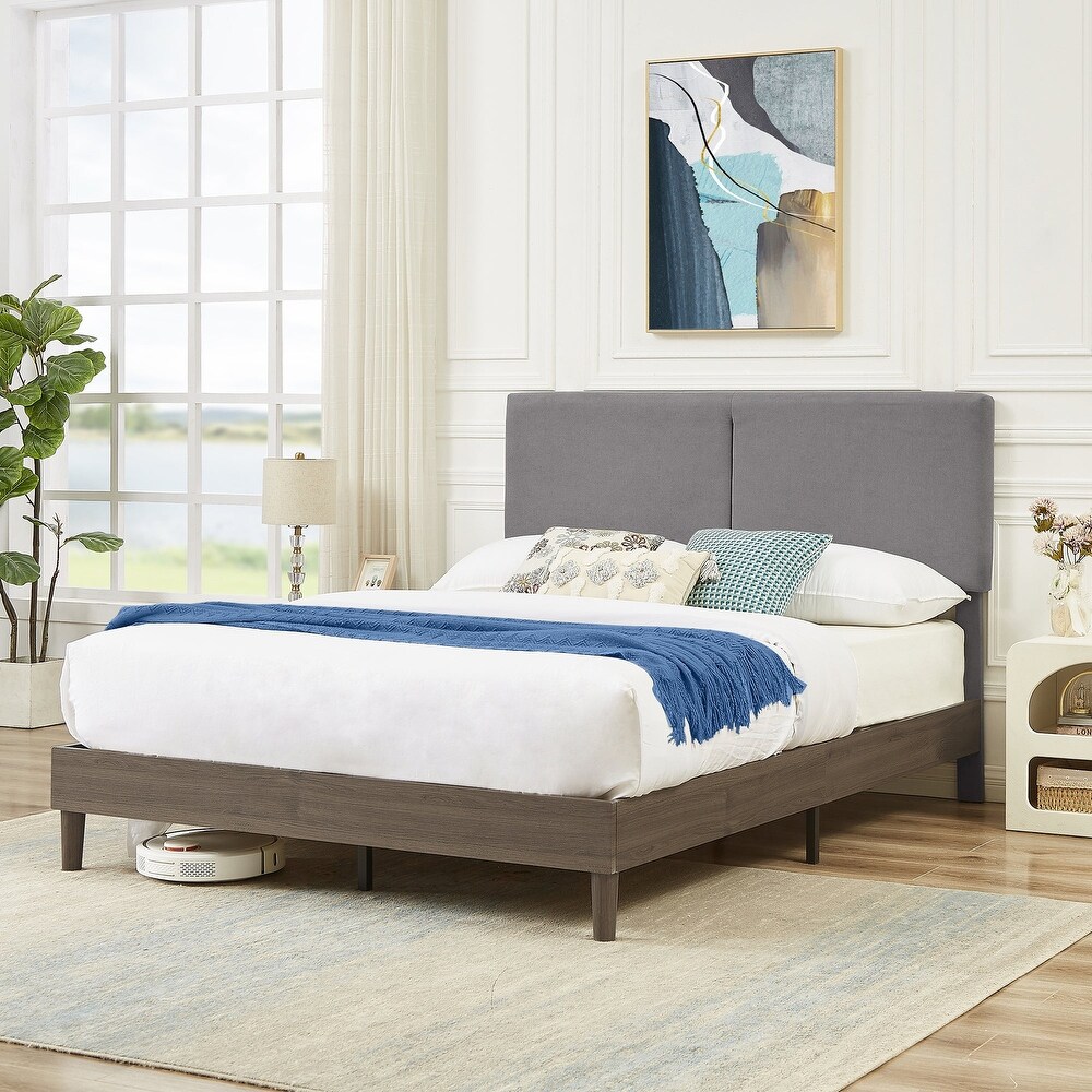 Javlergo Upholstered Bed Frame with Linen Fabric Adjustable Headboard  Strong Wood Slats Supports  No Box Spring Needed