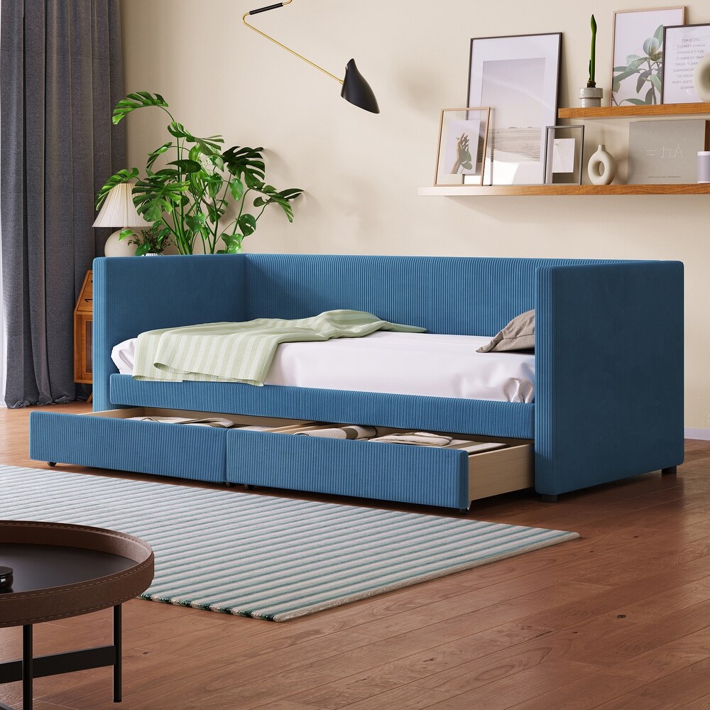 Blue Modern Twin Size Corduroy Daybed with 2 Large Storage Drawers and Solid Wood Slats Support  for Lawn Living Room Mild Rest