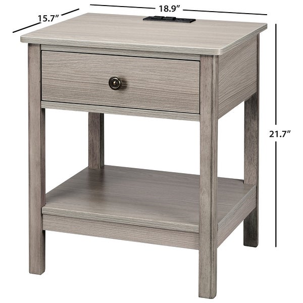 Traditional Rectangular End Table with AC Power and USB Charging Ports， White