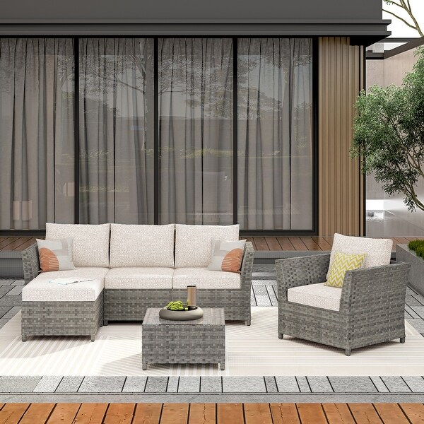 HOOOWOOO Patio Furniture Outdoor 6piece Grey Rattan Sectional Set with Ottoman