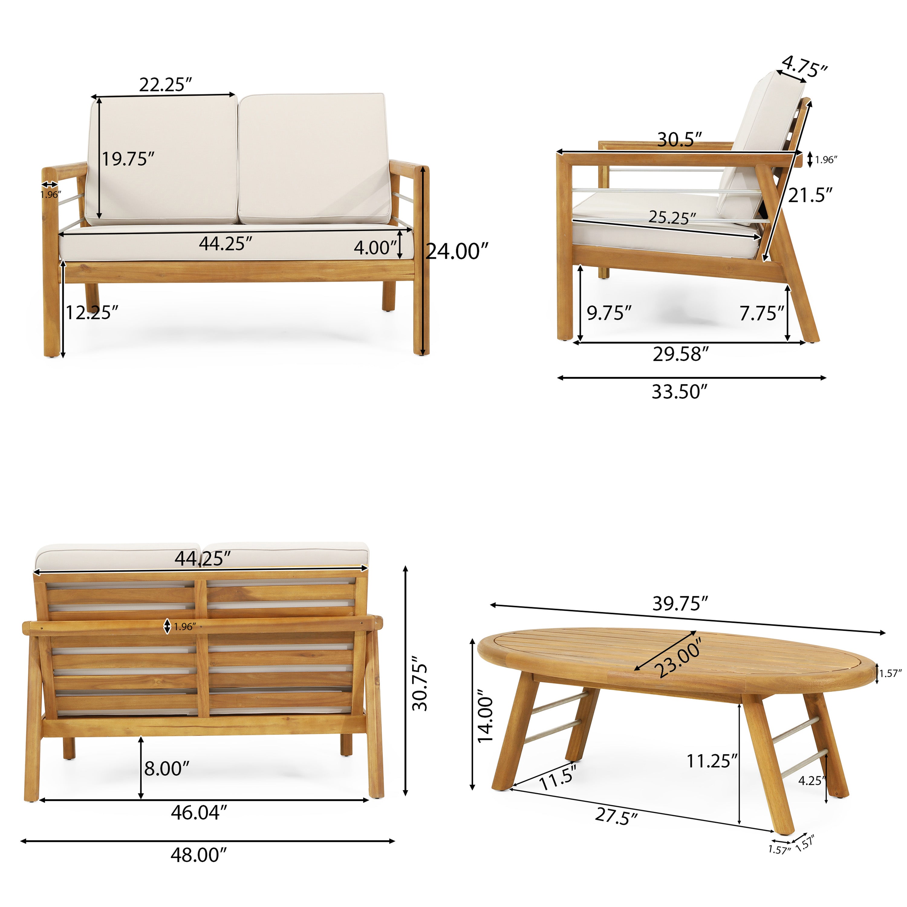 Lindsey Outdoor Acacia Wood Loveseat and Coffee Table Set with Cushions, Teak, Silver, and Beige