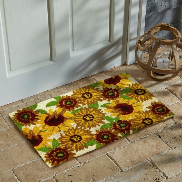 All Over Sunshine Sunflower Rectangle Indoor And Outdoor Coir Door Welcome Mat Yellow On Beige Background