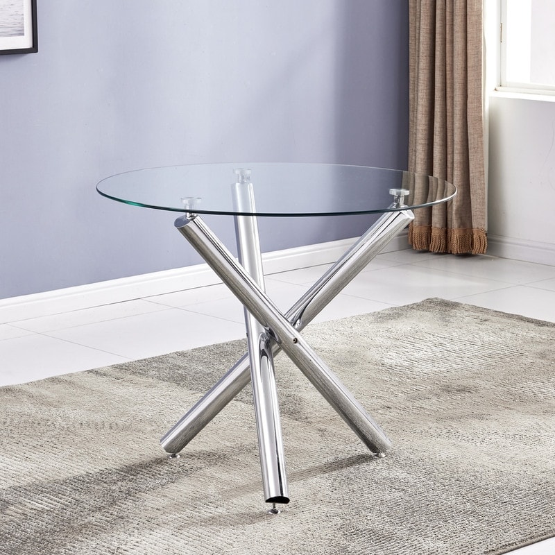 Round Transparent Glass Top Dining Table with Cross Leg