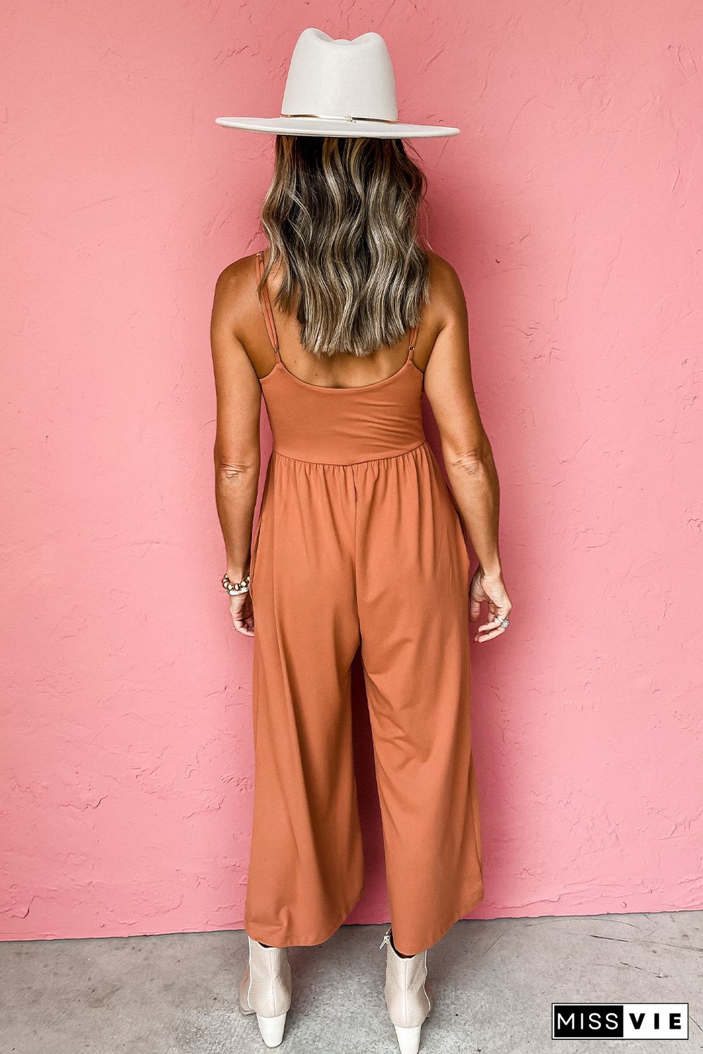 Orange Adjustable Spaghetti Straps Wide Leg Jumpsuit