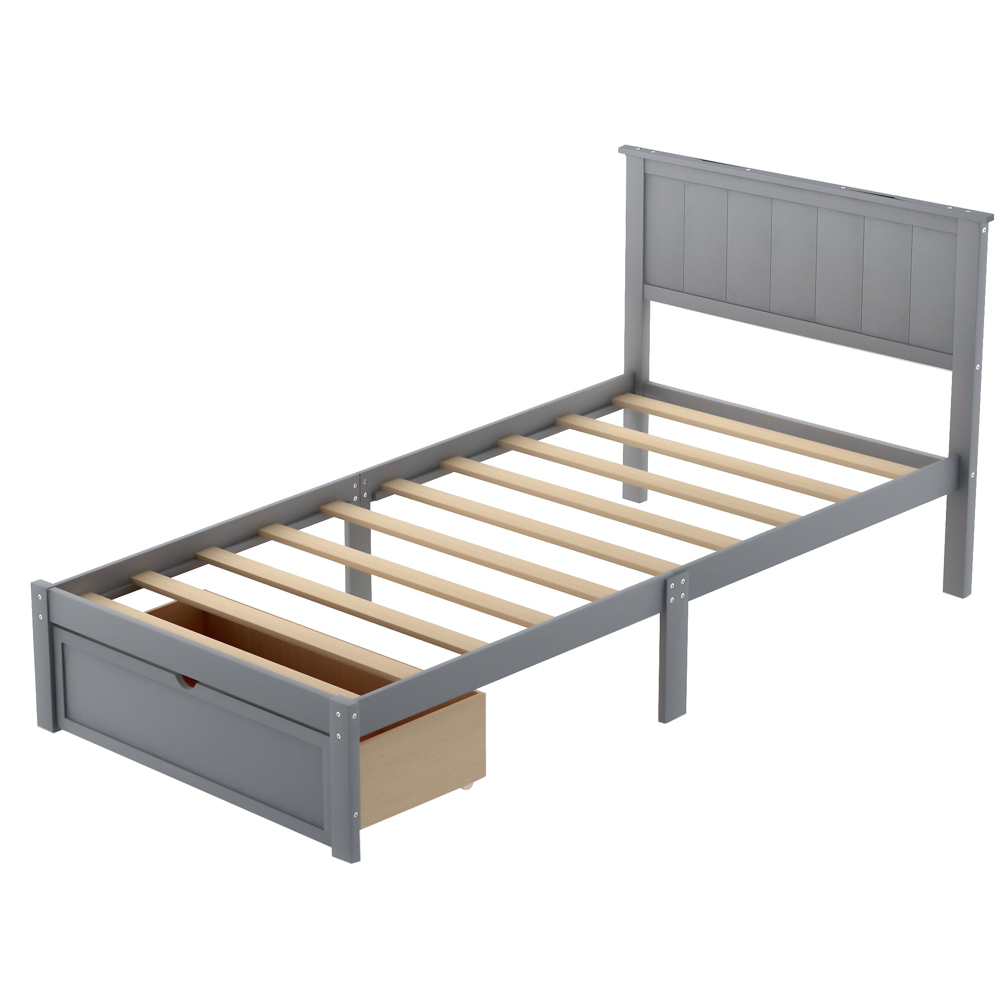 EUROCO Twin Wood Platform Bed with Headboard & Big Storage Drawer for Kids, Gray