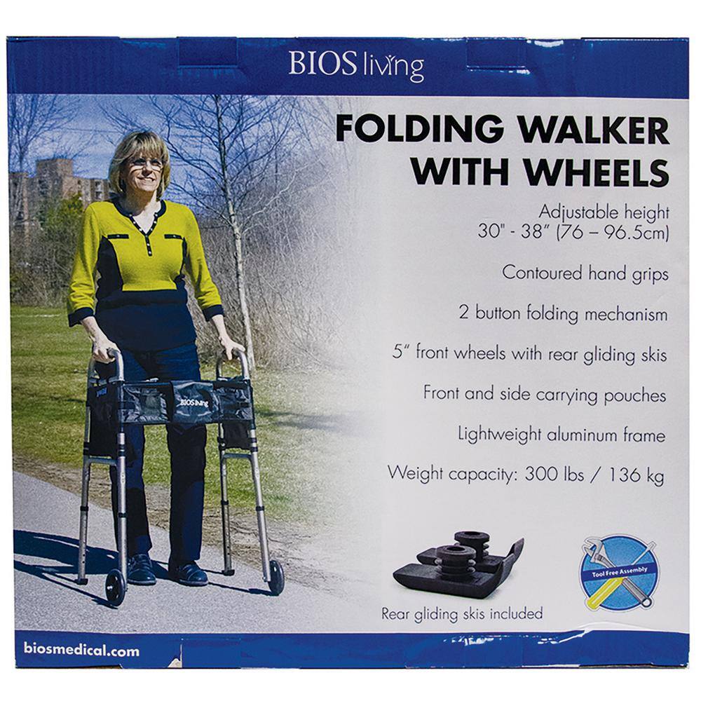 BIOS LIVING Folding Standard Walker with Wheels and Accessory Pouches 56023