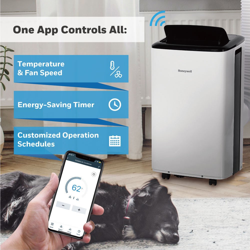 Honeywell 10，000 BTU ASHRAE (6，500 BTU SACC) White Smart Wi-Fi Portable Air Conditioner， Dehumidifier and Fan