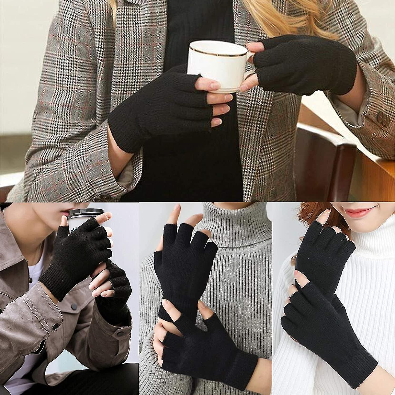 2 Pair Half Finger Gloves Winter Knit Touchscreen Warm Stretchy Mittens