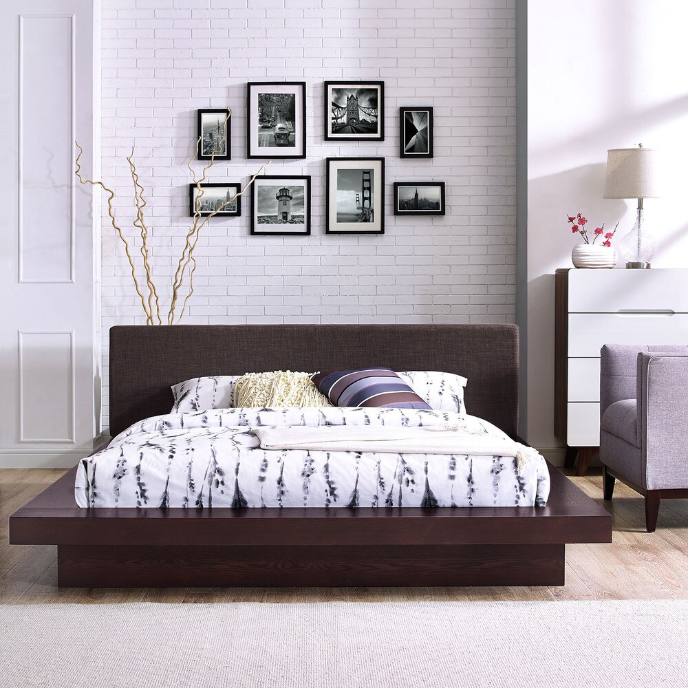 Freja Fabric Platform Bed in Cappuccino Latte