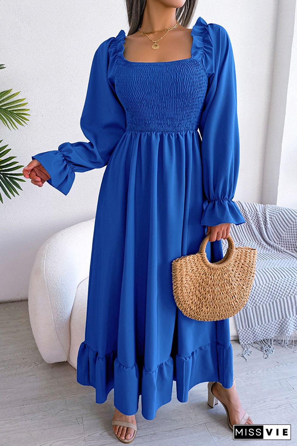 Plain Square Neck Smocked Top Maxi Dress