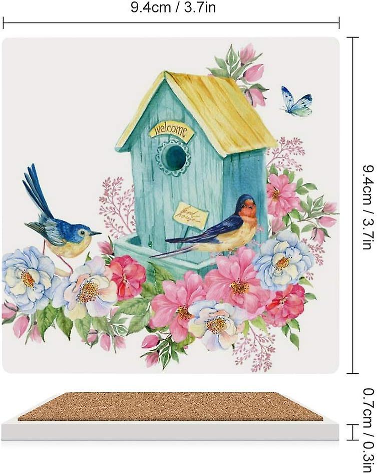 Printed Square Bird House Swallow Ceramic Coasters With Cork-backed For Coffee Drink Cup Mat Absorbent Stone Coaster Set Of 4/6