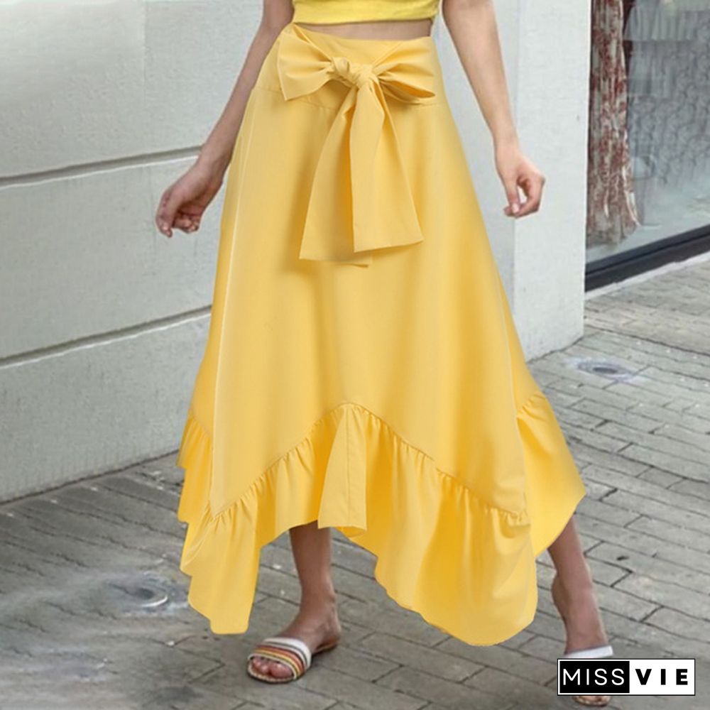 Women Umbrella Long Skirt Irregular Ruffle Hem High Waist Bowknot Party Elegant Casual Pleated Maxi Skirt Dress Plus Size