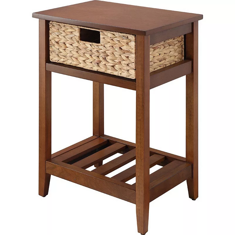 MDF Accent Table with Rattan Storage Basket and Slatted Shelf， Brown