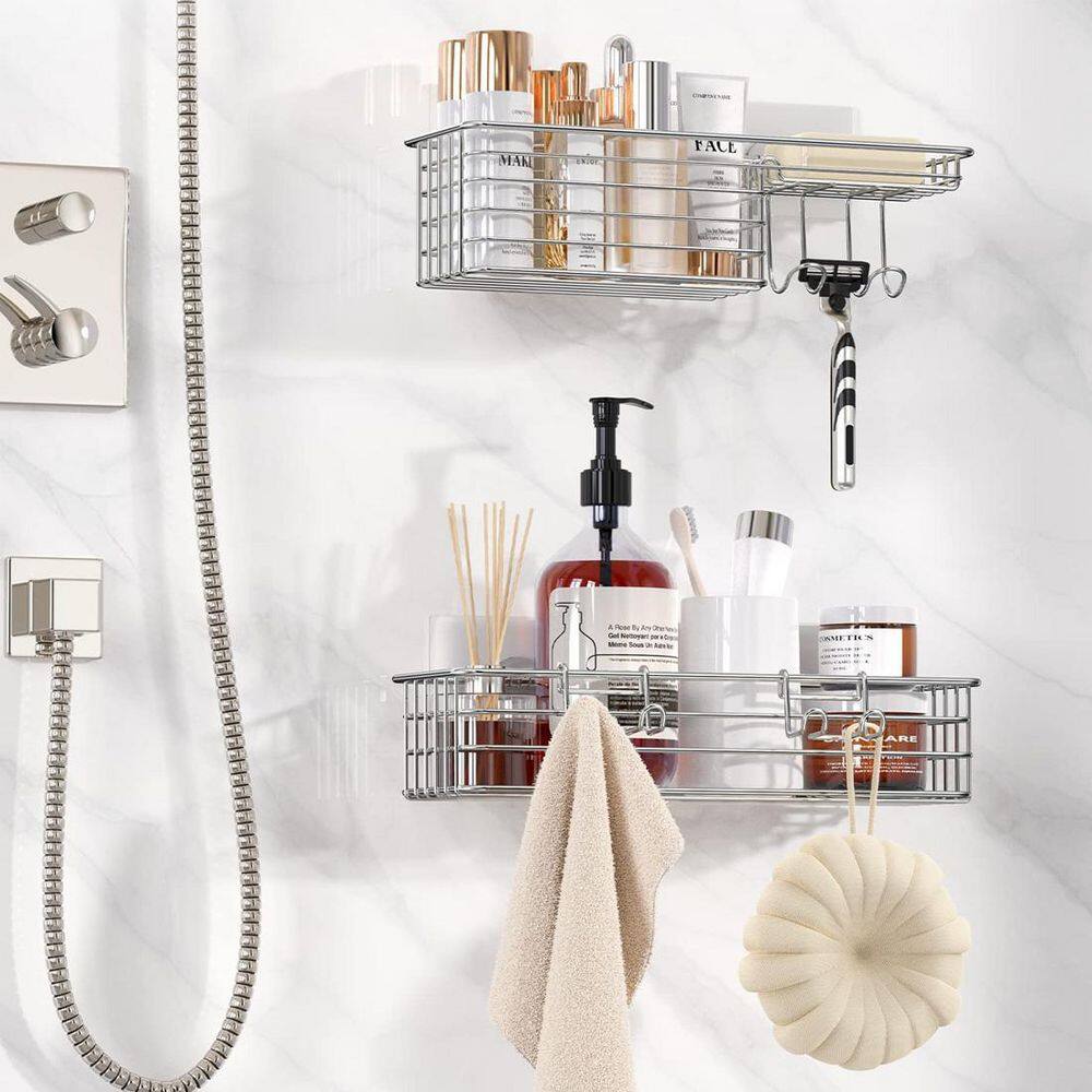 Dracelo Wall Mounted Bathroom Shower Caddies Coner Storage Shelves with Soap Dish and Hooks in Silver 2-Pack B081RMQ854