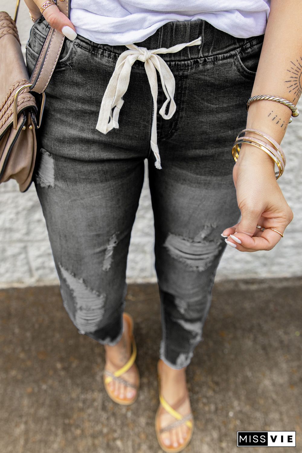 Gray Drawstring Elastic Waist Hole Ripped Jeans