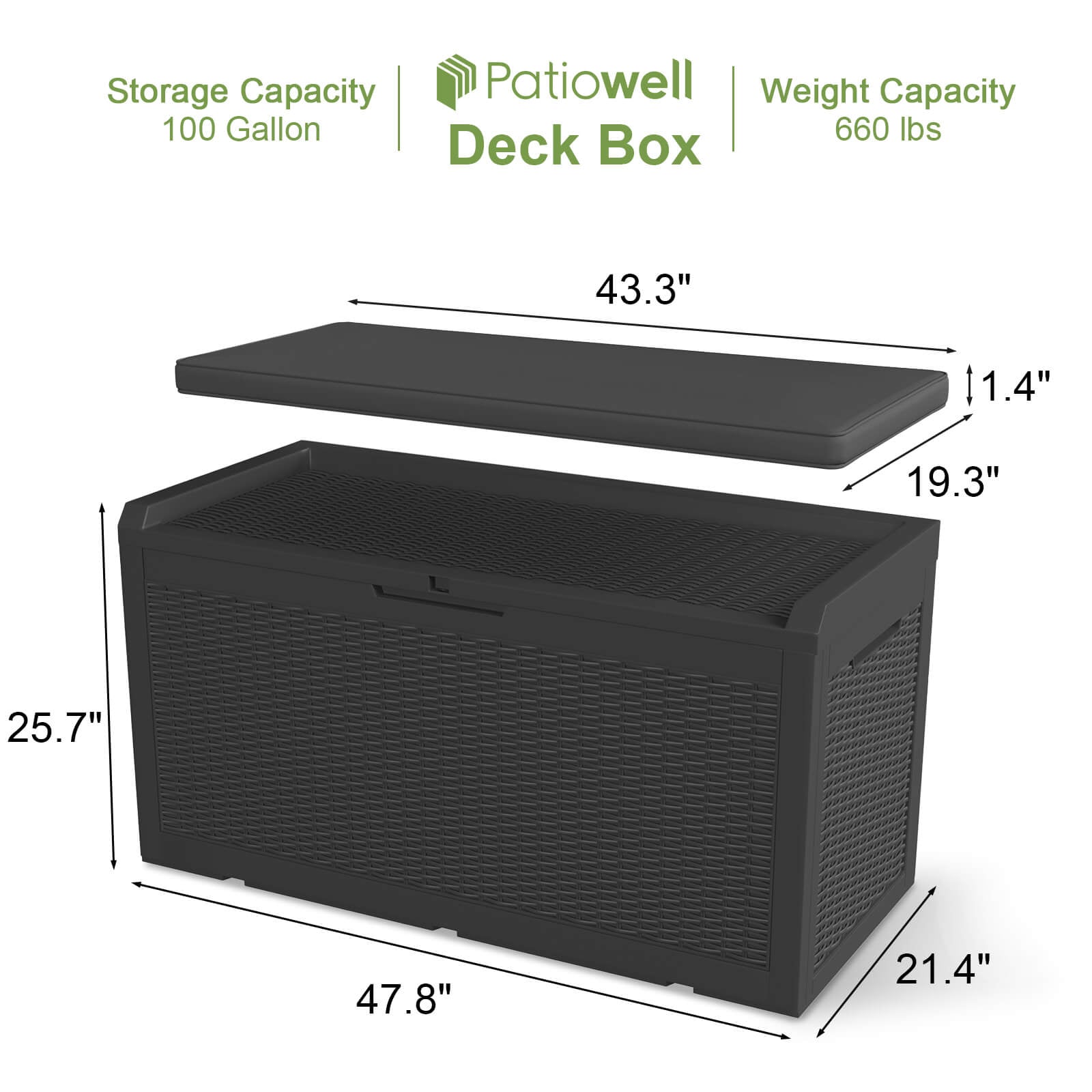 Patiowell 100 Gallon Deck Box with Soft Cushion Outdoor Resin Plastic Storage Deck Box, Black