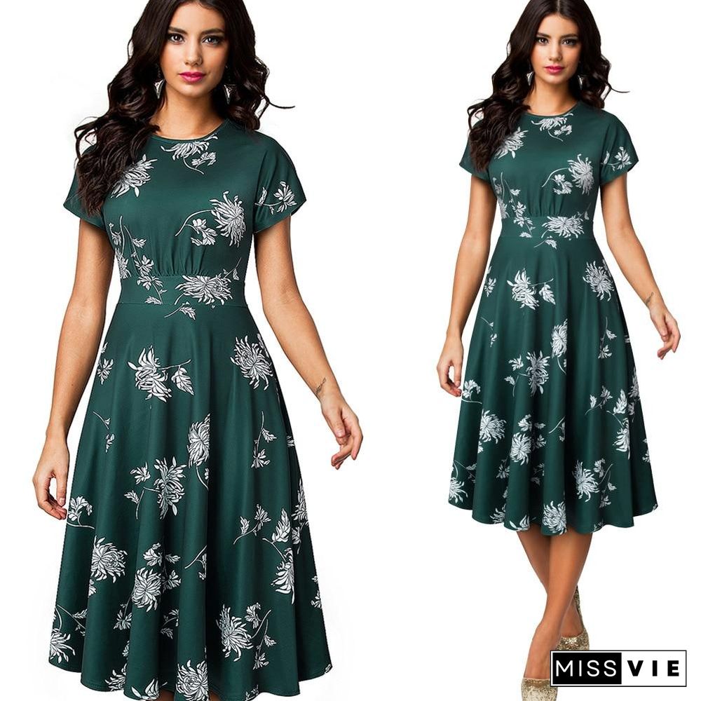 Women Vintage Elegant Floral Print Pleated Round neck A-Line Pinup Party Dress