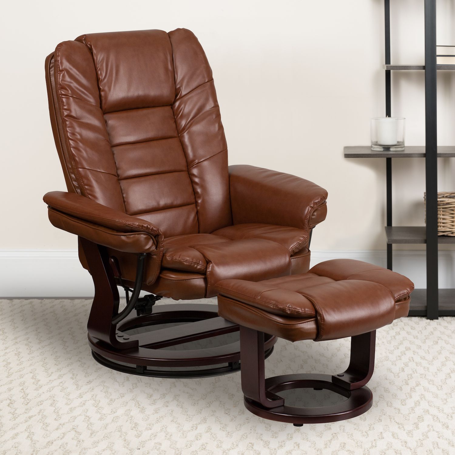 Emma and Oliver Multi-Position Stitched Recliner and Ottoman with Swivel Base in Brown LeatherSoft