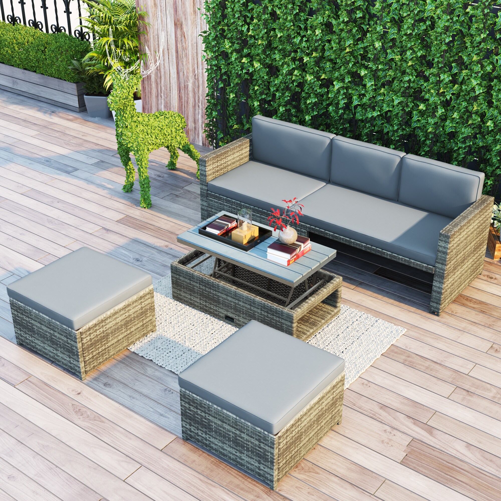 4-piece Outdoor Patio Rattan Sectional Sofa Set with Liftable Coffee Table and Cushions and Pillows， All Weather Frame - Overstock - 37495762