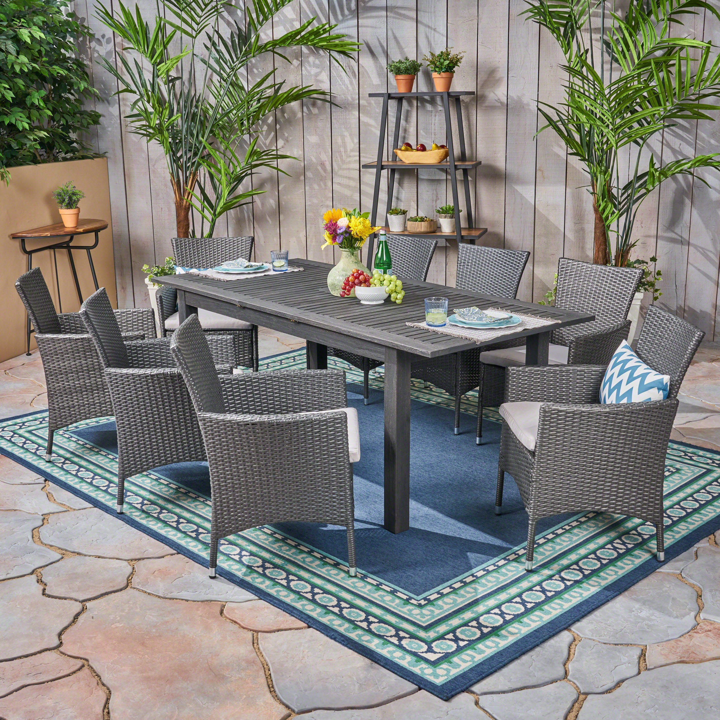 Saluda Outdoor Wood and Wicker Expandable Dining Set