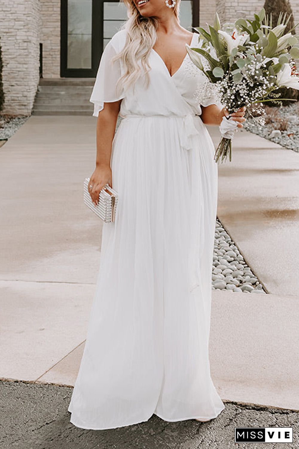 White Wrap V Neck Belted Plus Size Flowy Maxi Dress