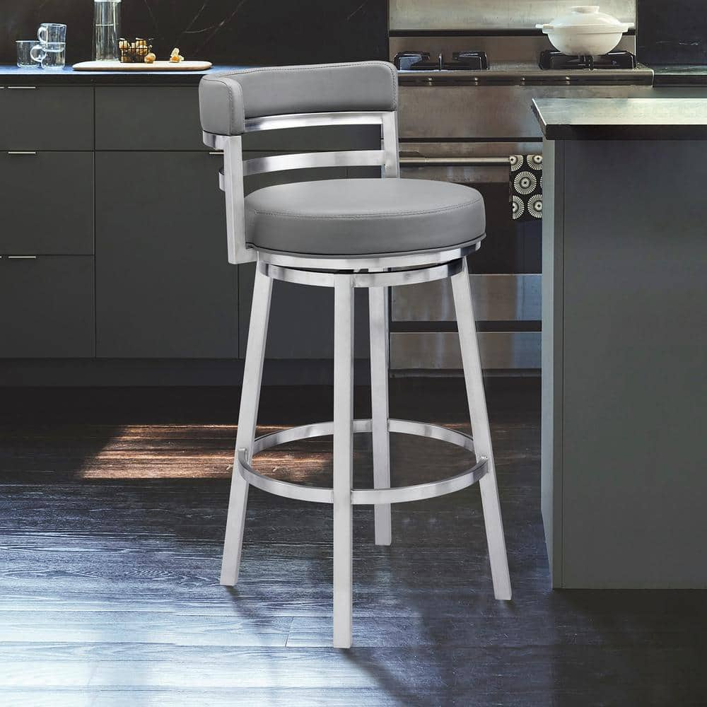 Armen Living Rayner Contemporary 30 in. Bar Height in Brushed Stainless Steel Finish and Grey Faux Leather Bar Stool 721535738182