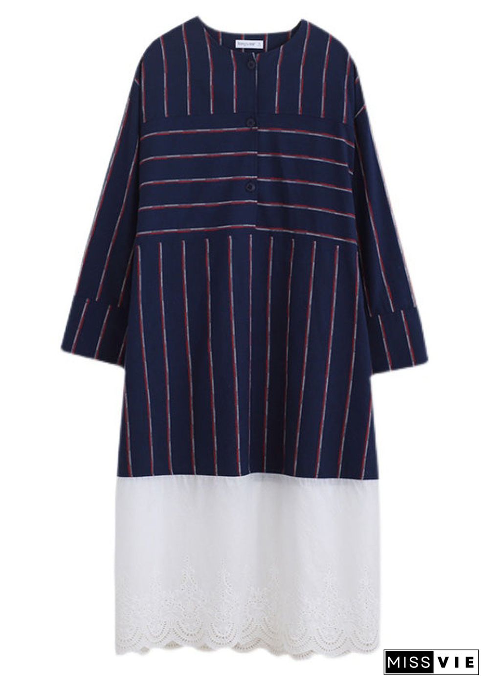 Vintage Navy Blue O-Neck Striped Patchwork Cozy Cotton Long Dress Long Sleeve