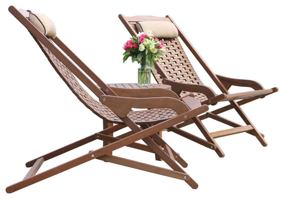 3 Piece Folding Eucalyptus Swing Lounger Set With Round Accent Table   Transitional   Outdoor Lounge Sets   by Outdoor Interiors  Houzz