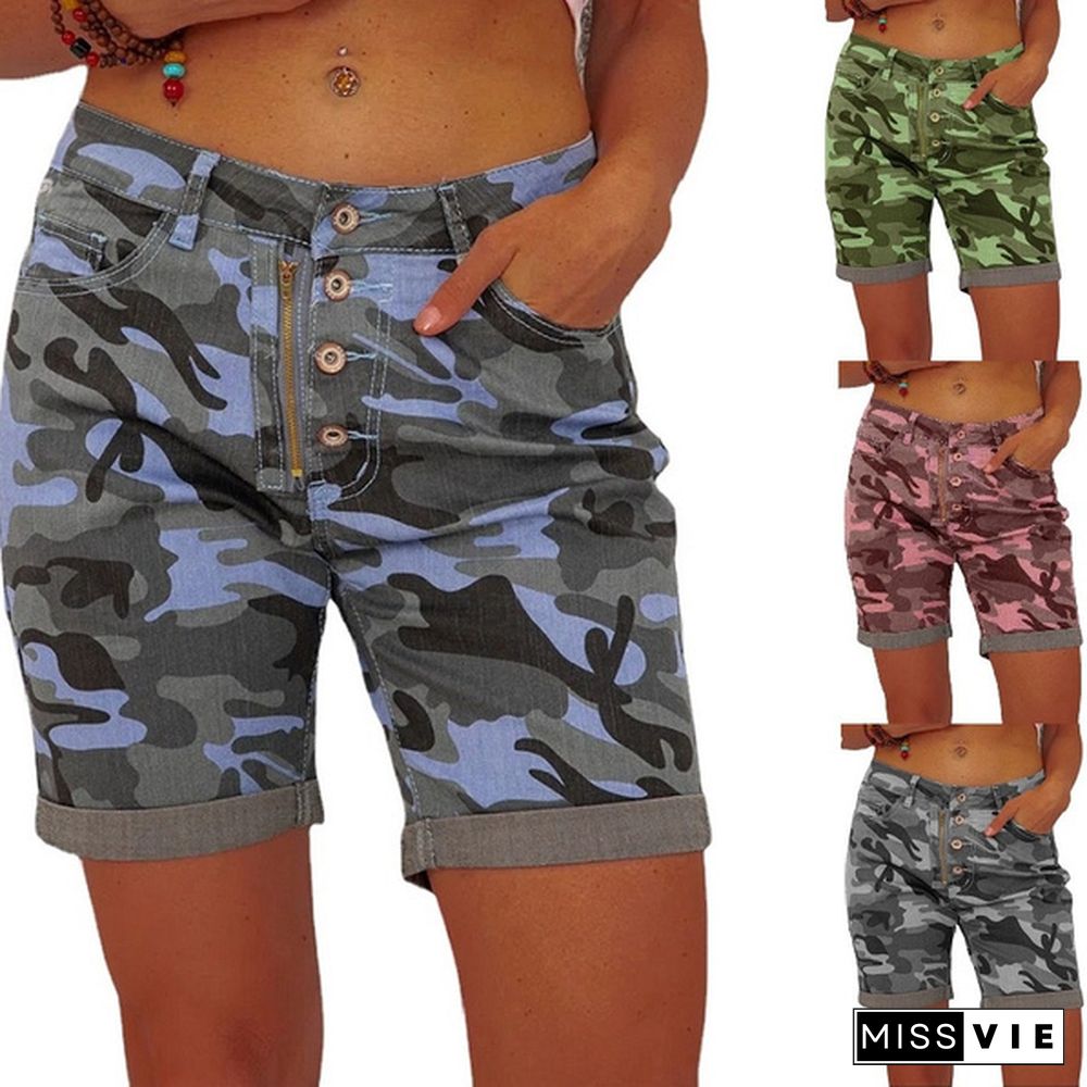 Women Summer Denim Shorts Button Zipper Camouflage Printing Slim Stretch Jeans Shorts