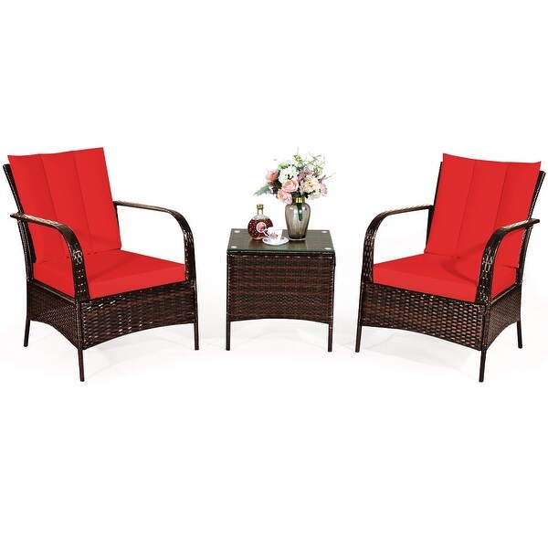 Costway 3 PCS Patio Wicker Rattan Furniture Set Coffee Table and 2