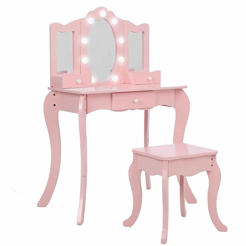 Girls Vanity Table with Tri Folding Mirror  Light Stool   Drawer