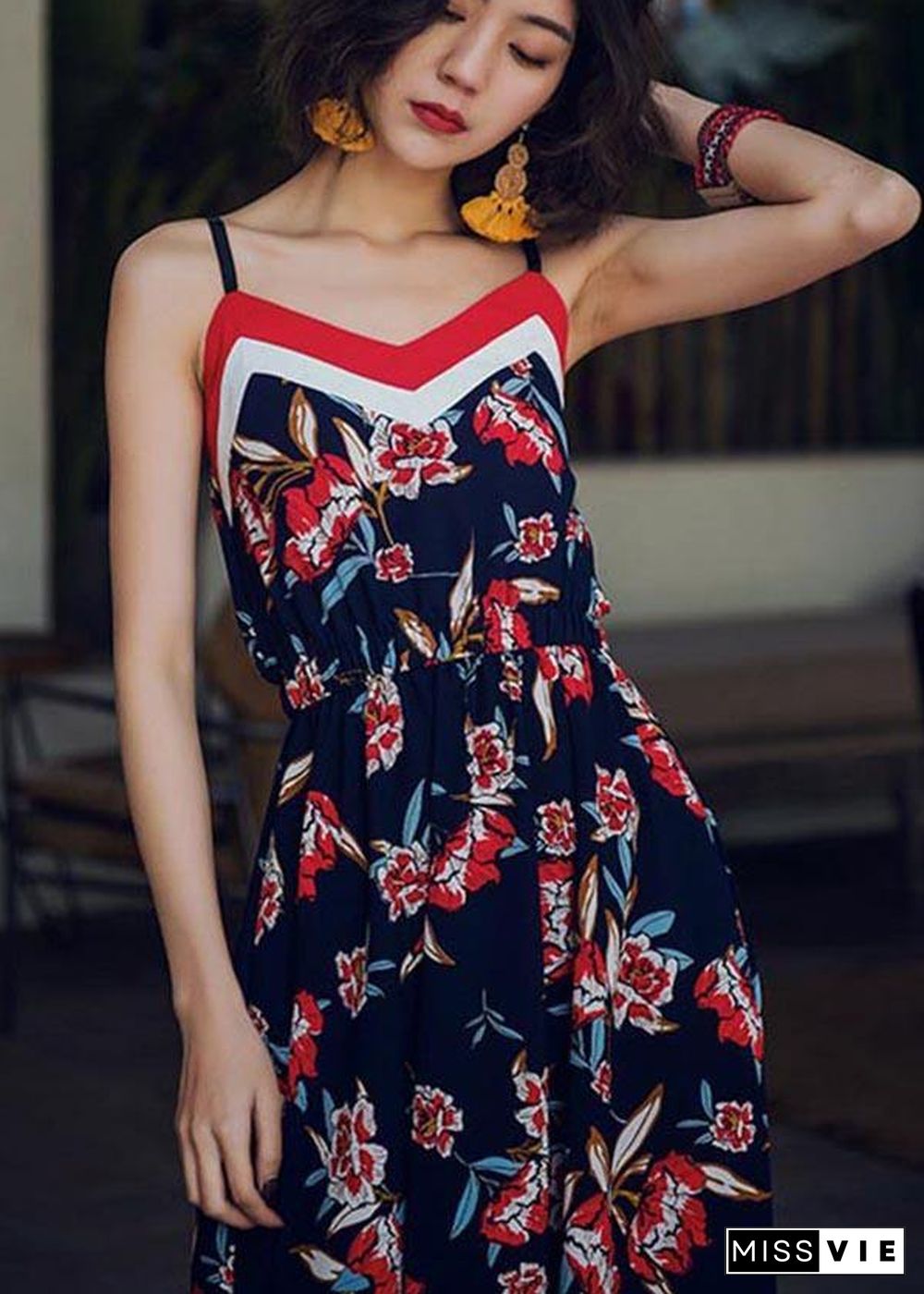 Modern Navy Print Backless Cotton  Maxi Dresses