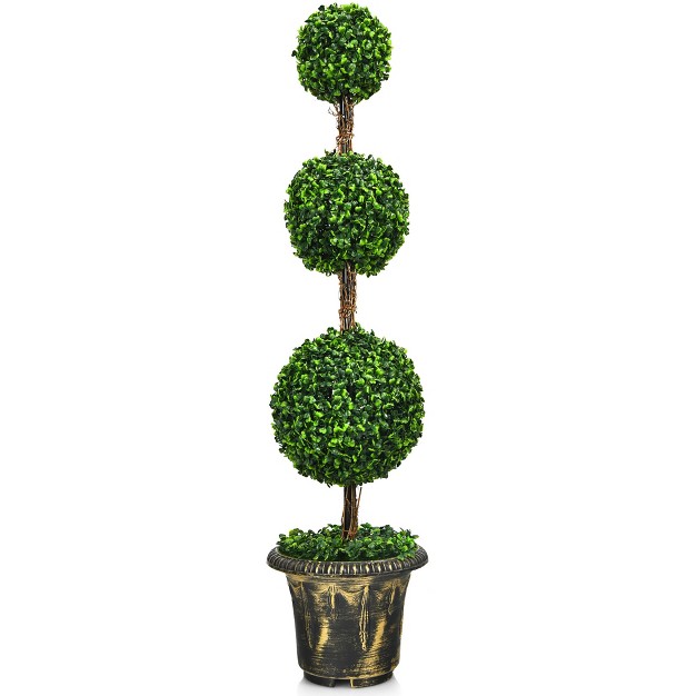 Costway 4' Artificial Topiary Triple Ball Tree Plant Indoor Outdoor Uv Resistant