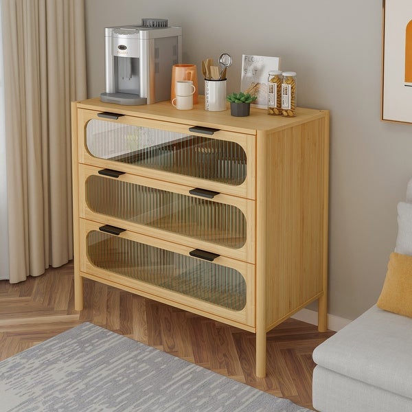 Minimalist Accent End Table with 3 Hazy Glass Drawers， Natural Wooden Nightstand， Bedside Table， Small Dresser Cabinet