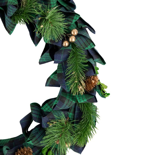 Northlight Blue And Green Plaid Bow Artificial Pine Christmas Wreath 17 75 inch Unlit