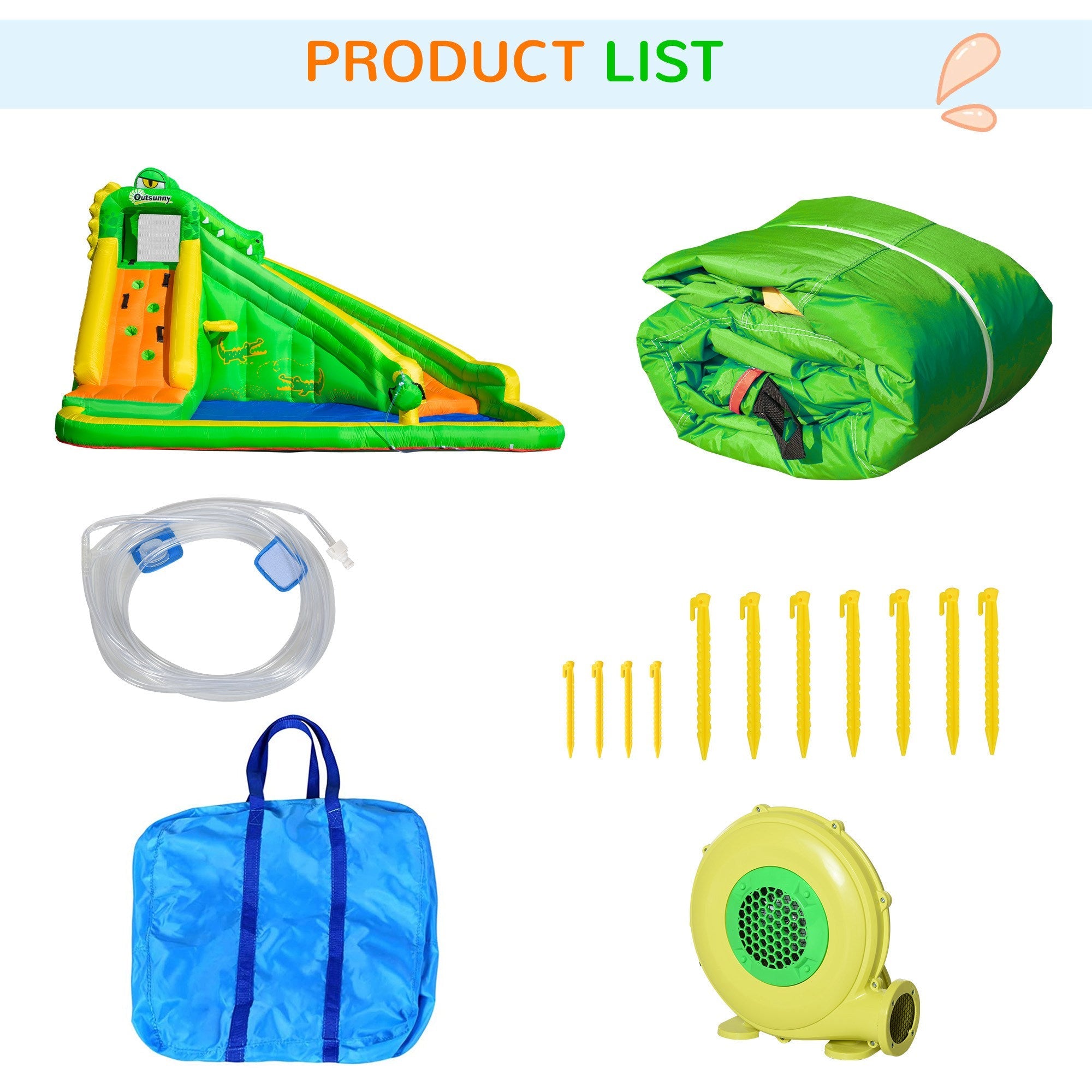 Outsunny 5 in 1 Inflatable Water Slide, Crocodile Style Water Park Bounce House Castle with Slide, Pool, Hoop, Water Cannon, Climbing Wall, Include Air Blower