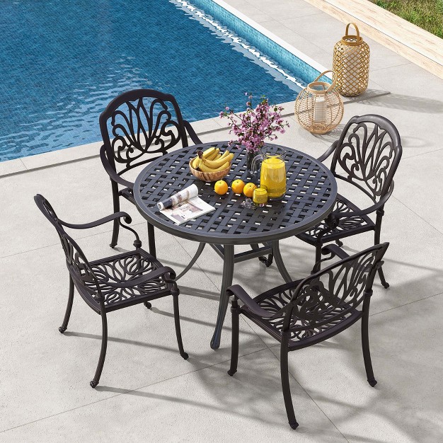 Costway 4pcs Patio Cast Aluminum Dining Chairs Armrests Outdoor Stackable Bronze white