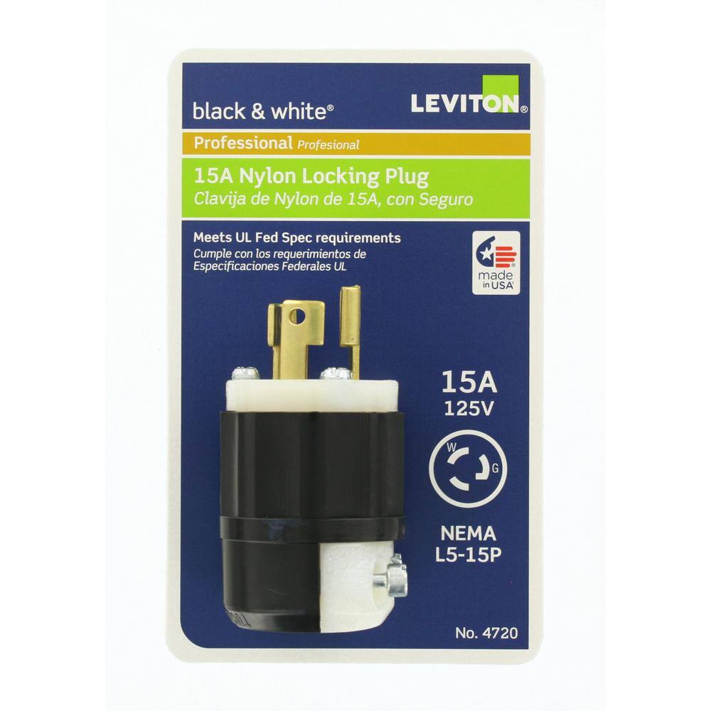 Leviton 15 Amp 125-Volt Locking Plug Black and White R50-04720-0CS