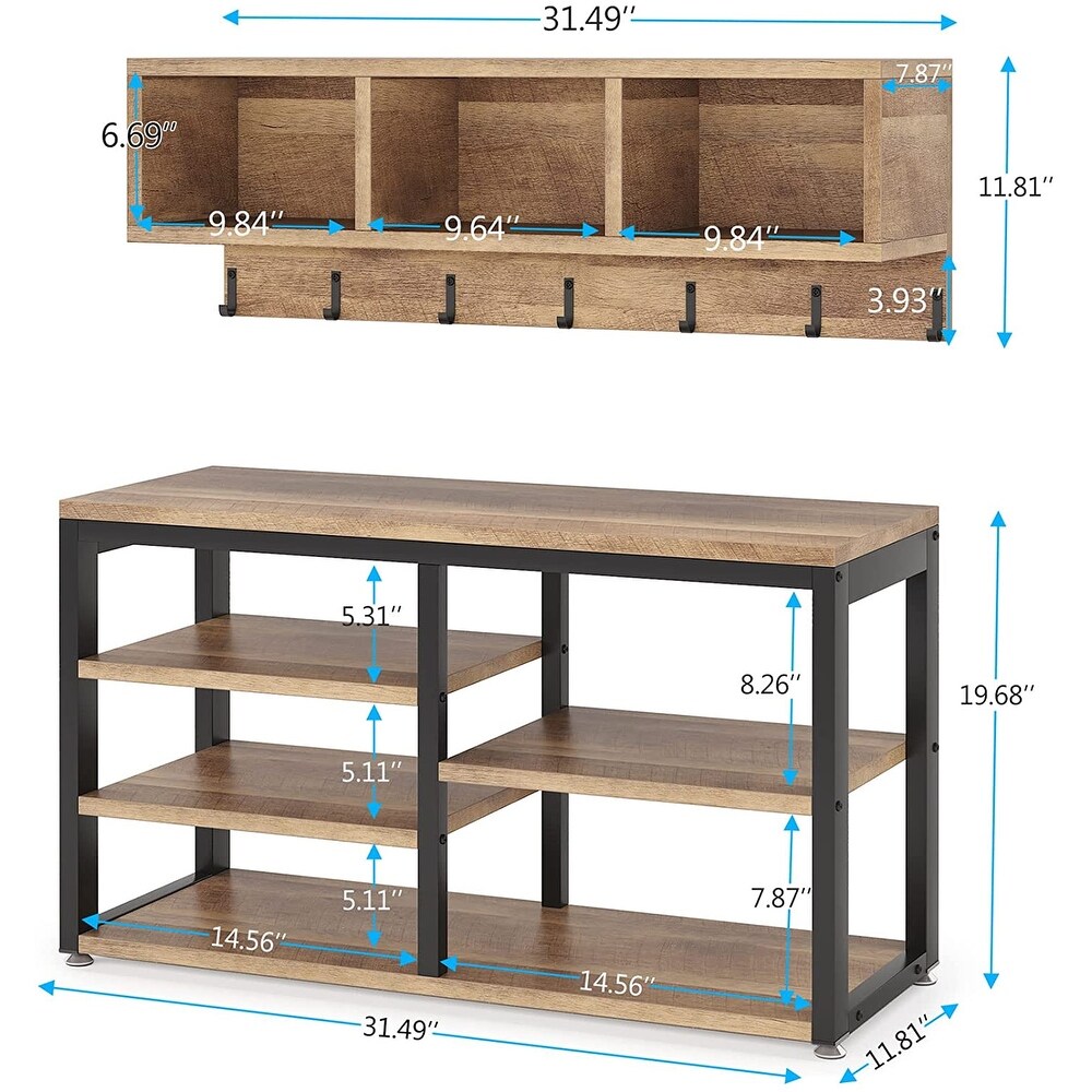 Entryway Coat Rack Shoe Bench Set  Industrial Hall Tree Coat Shoe Rack