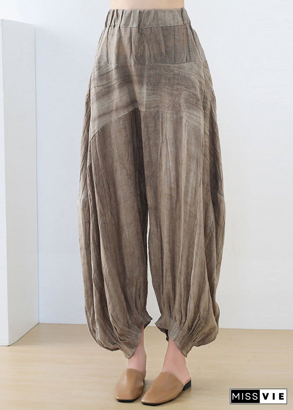 Casual Coffee Tie Dye Wrinkled Linen Lantern Pants Fall