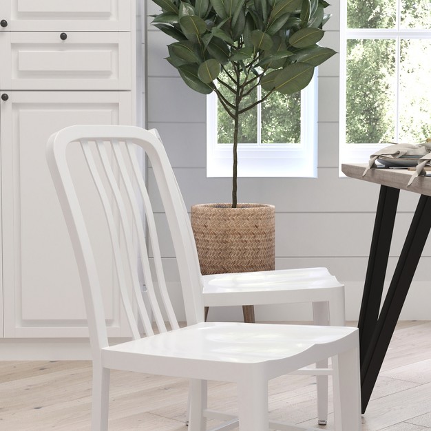 Merrick Lane 18 Inch White Galvanized Steel Indoor outdoor Dining Chair With Slatted Back And Powder Coated Finish