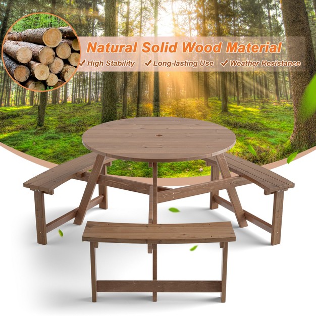 Tangkula 6 person Outdoor Wooden Picnic Table W 3 Benches amp Solid Wood Table Circular Outdoor Dining Table W Umbrella Hole