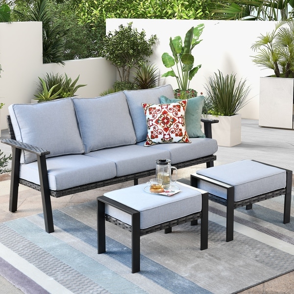 OVIOS Outdoor 3piece Wicker Sectional Sofa Set With Ottoman Steel Frame