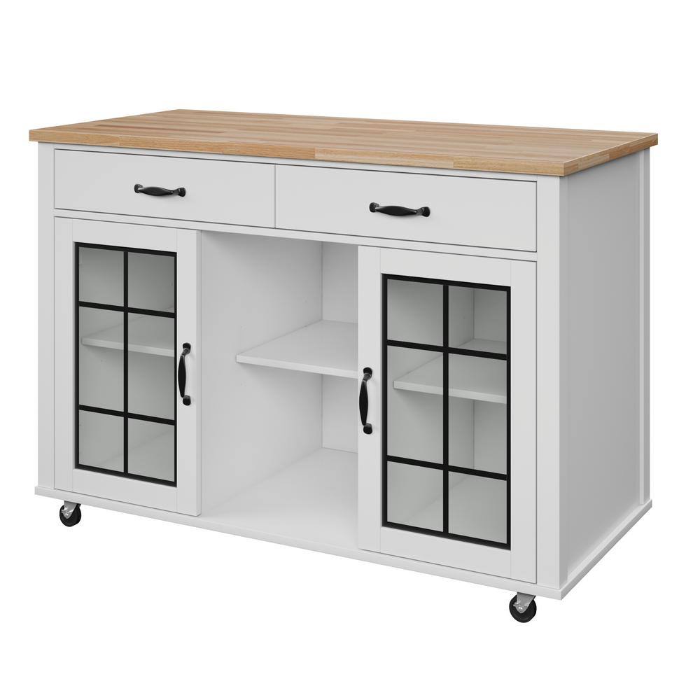 Twin Star Home Brilliant White and Wood Top 50 in. Kitchen Island with Cabinets and Optional Casters KC8671-PF08