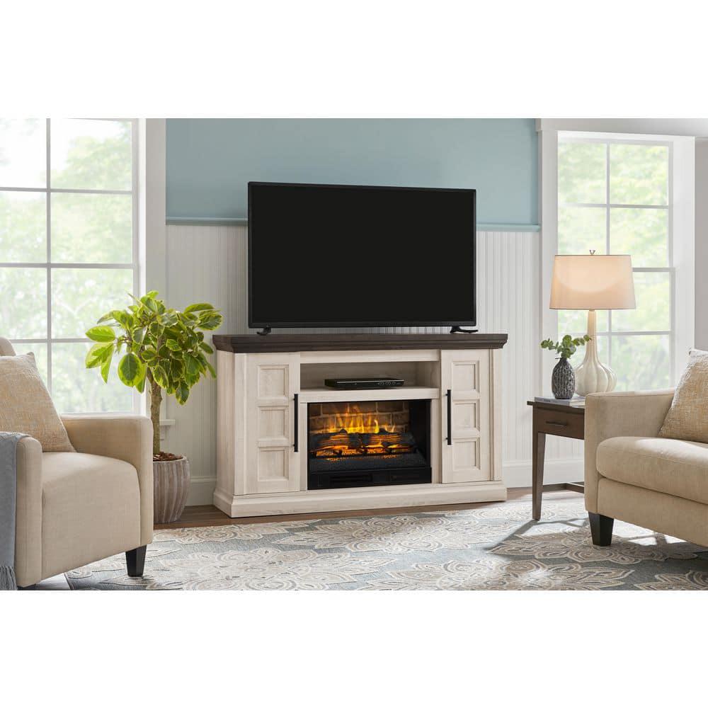 StyleWell Chelsea 58 in Freestanding Electric Fireplace TV Stand in Light Taupe Ash Grain w Charcoal Top