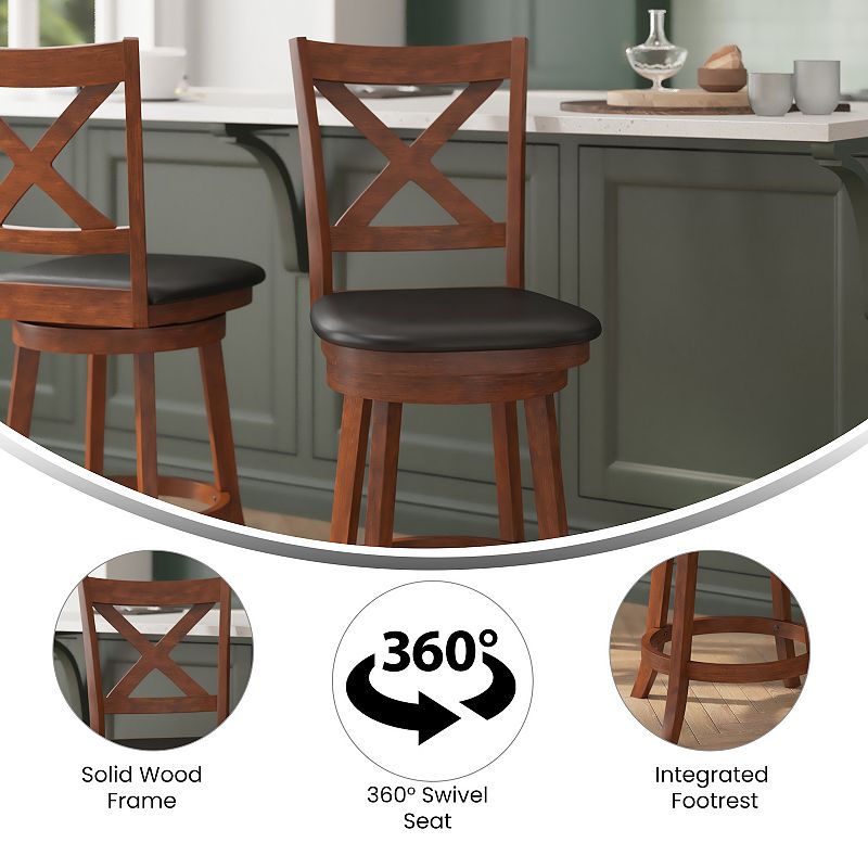 Merrick Lane Sora 24 Classic Wooden Crossback Swivel Counter Height Pub Stool with Upholstered Padded Seat and Integrated Footrest